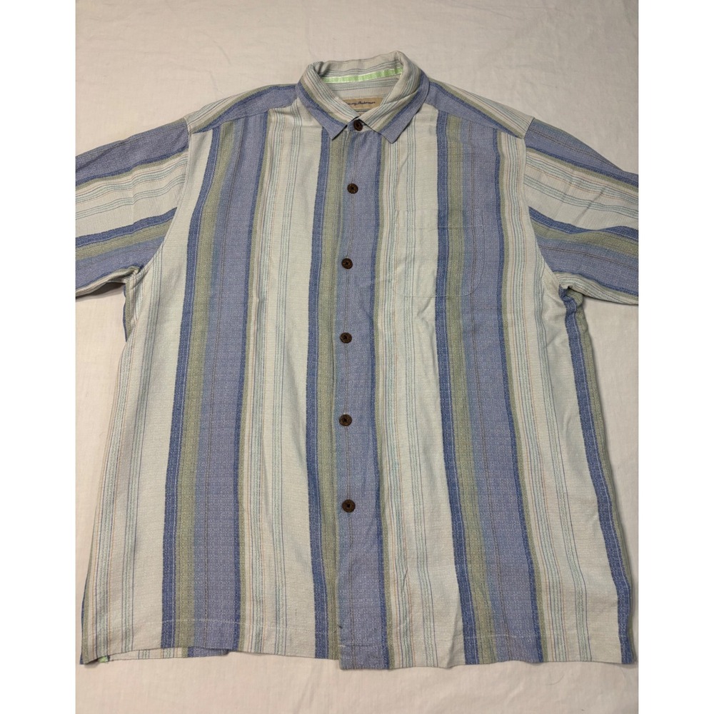 Tommy Bahama Mens Large Silk Striped Short Sleeve Button Up Shirt Blue Green